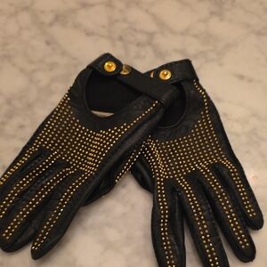 Burberry Black Leather Studded Driving Gloves with Gold Accents
